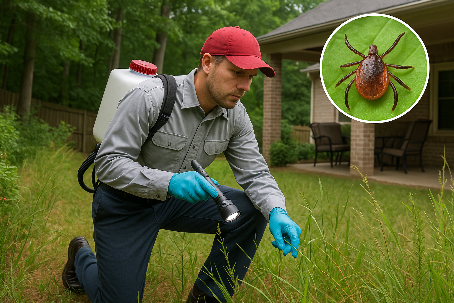 How much does tick control cost in Grayson, Georgia? 3 Professional pest technician conducting a tick inspection in a residential yard