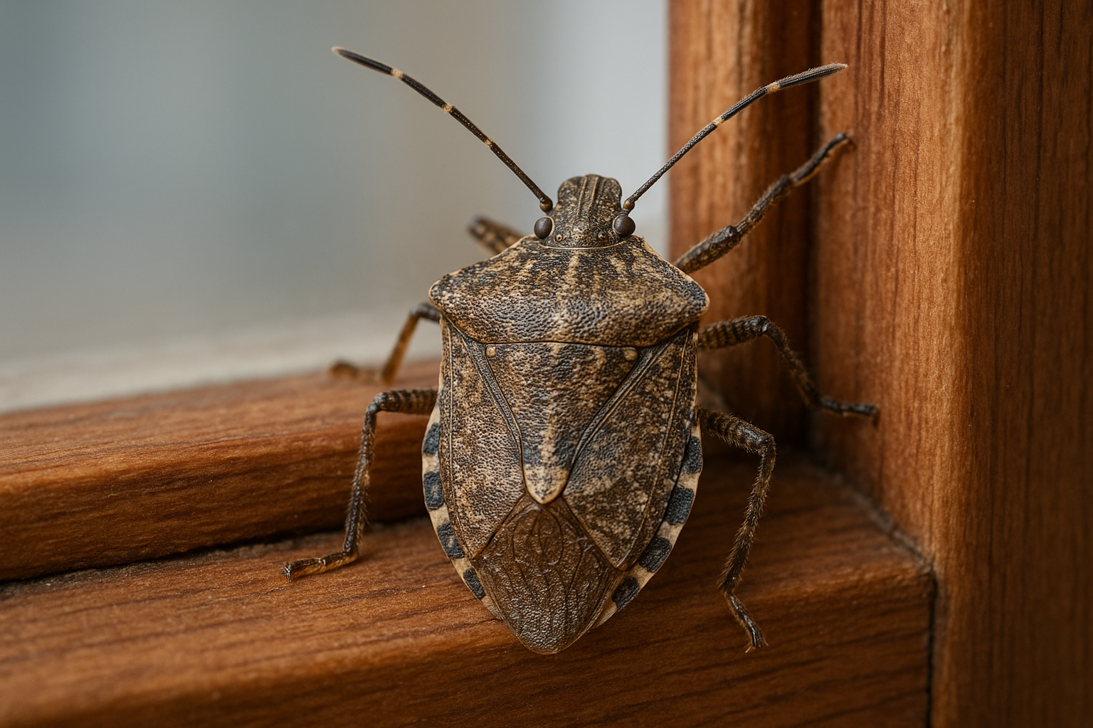 Brown marmorated stink bug perched on a cracked window frame
