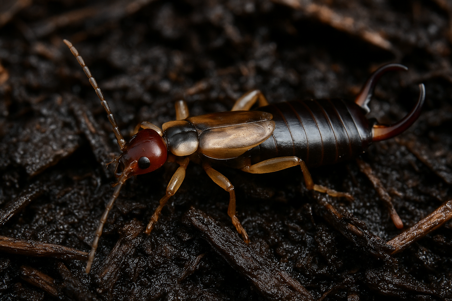 Close‑up of a dark brown earwig showing its pincers and elongated body
