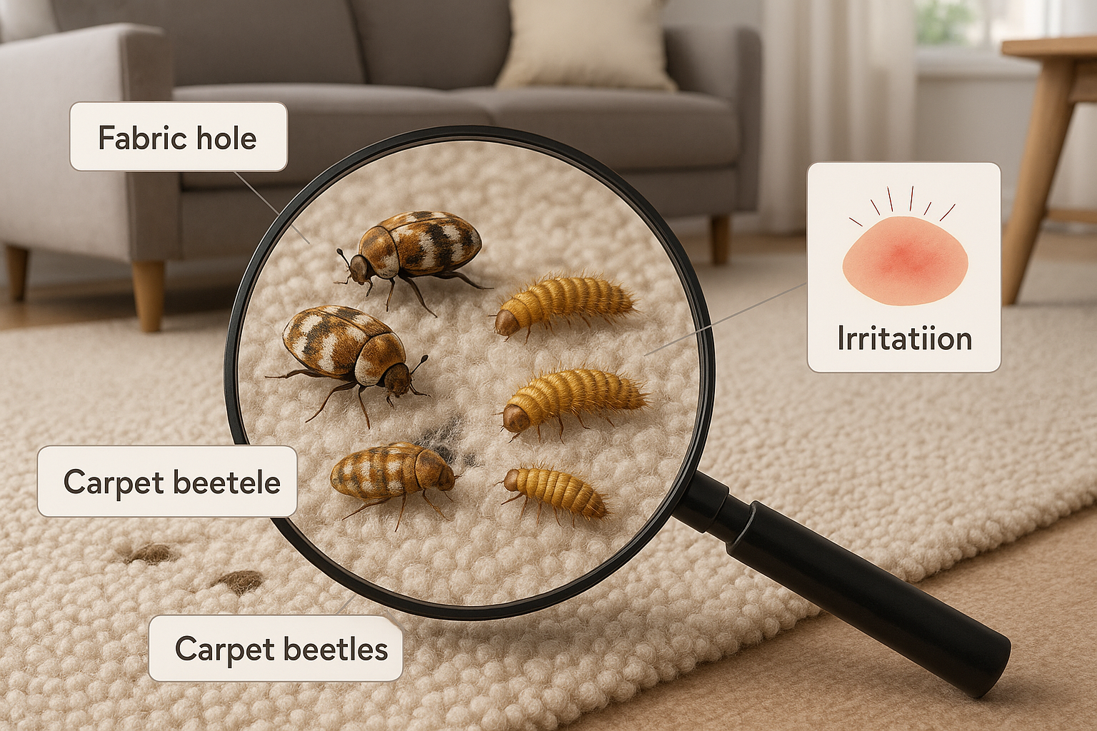 Macro view of an adult carpet beetle on a wooden surface