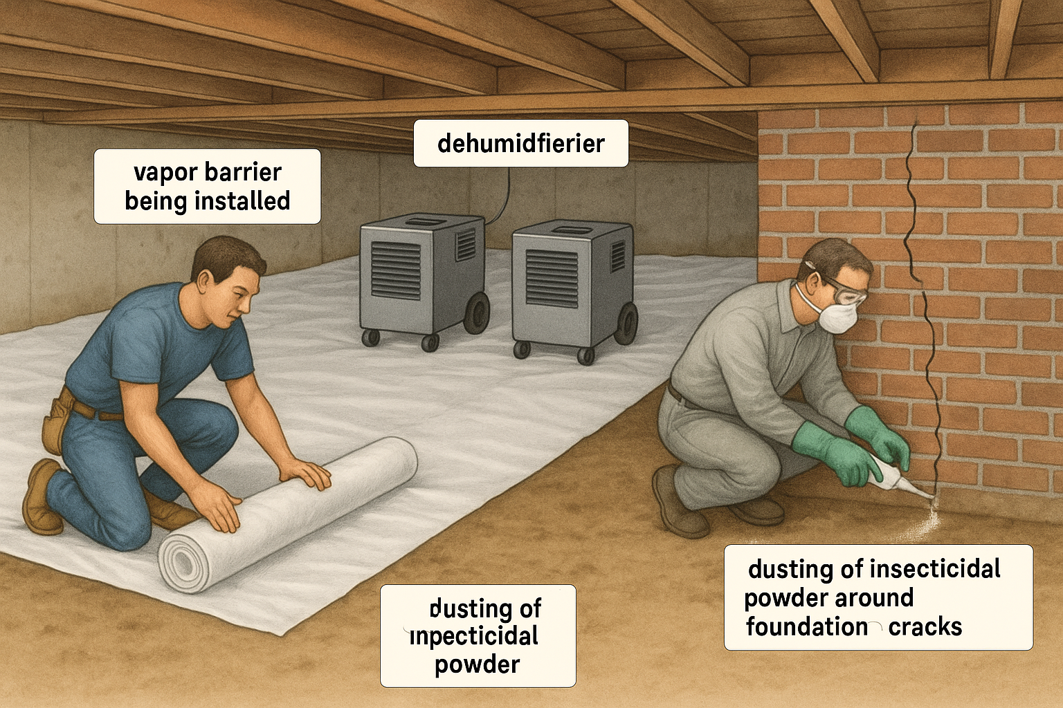 Illustration of a home with moisture‑tight foundation, vapor barrier, and de‑humidifier