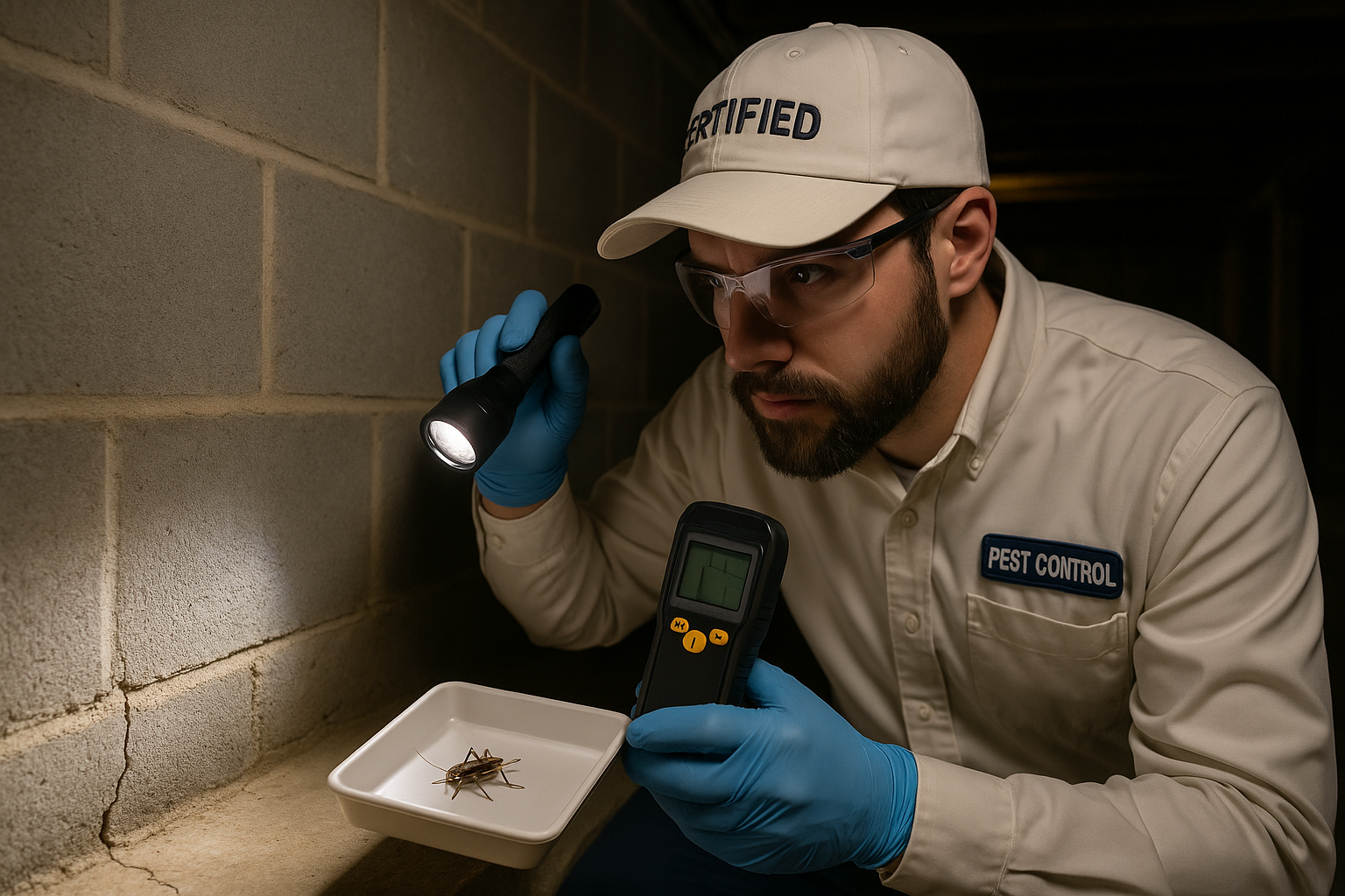 Homeowner inspecting a garage wall for hidden cricket nests