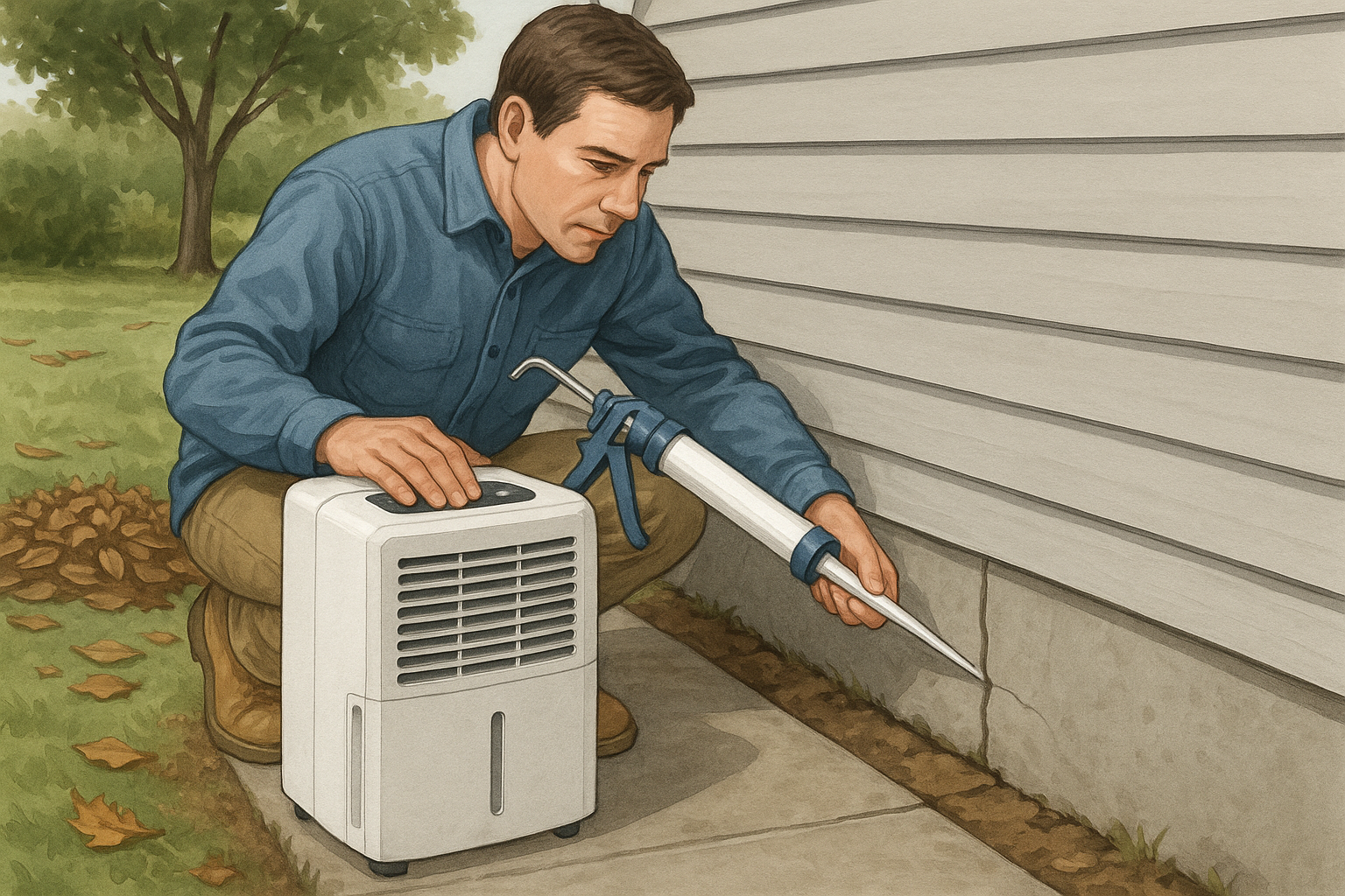 Emergency Millipede Control in Druid Hills, Georgia: What to Do Right Now 3 Homeowner operating a dehumidifier while sealing cracks around a foundation