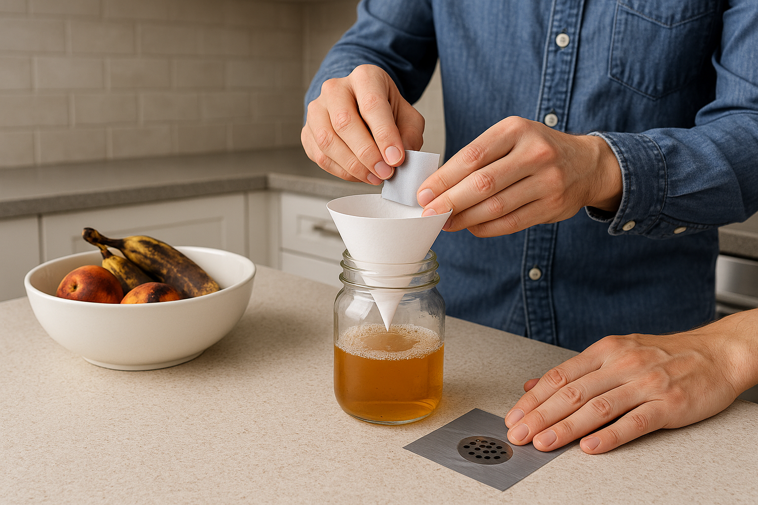 Illustration of a homeowner inspecting kitchen areas for fruit fly breeding sites
