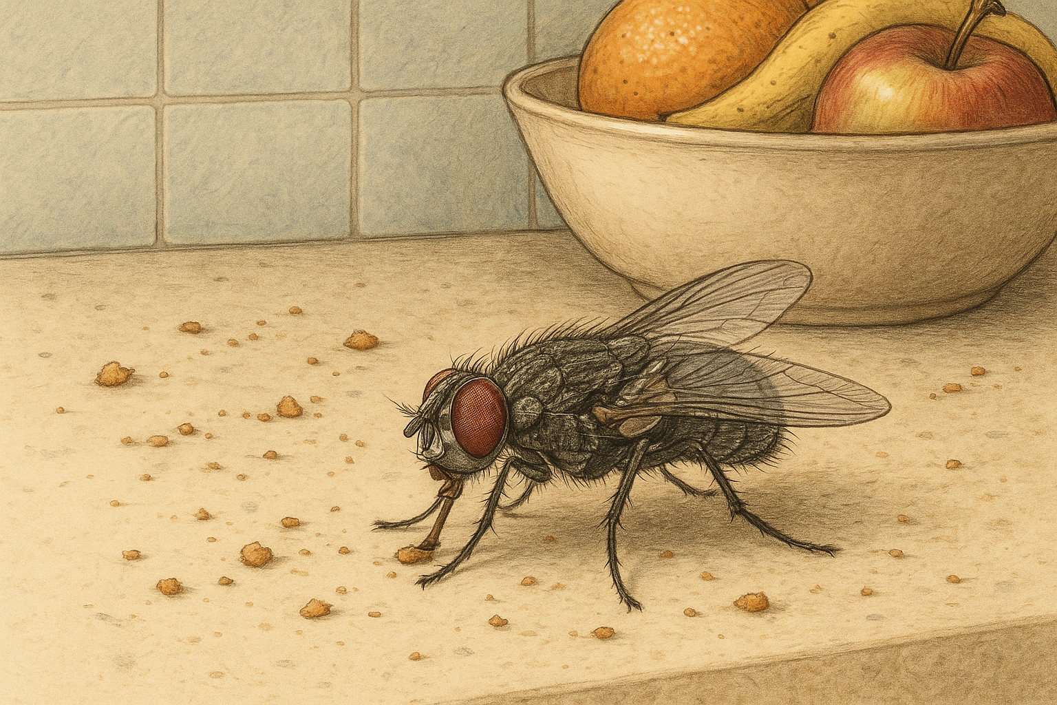 House fly landing on kitchen countertop