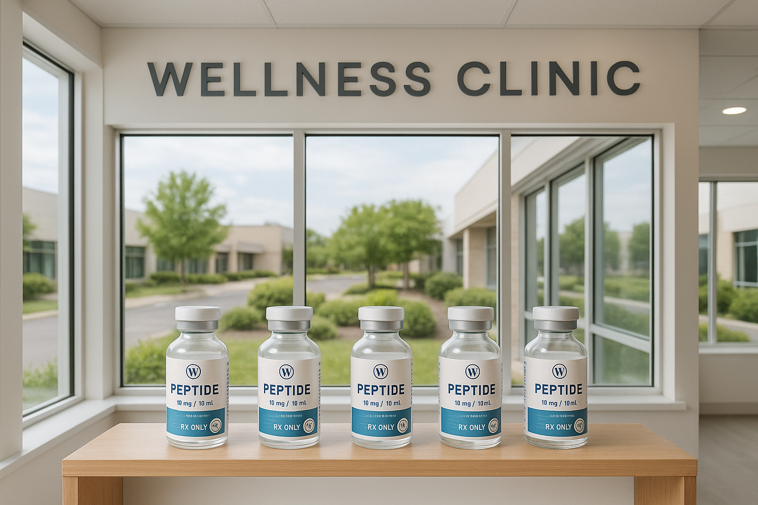 Wellness clinic shelf with branded peptide products and compliance stickers