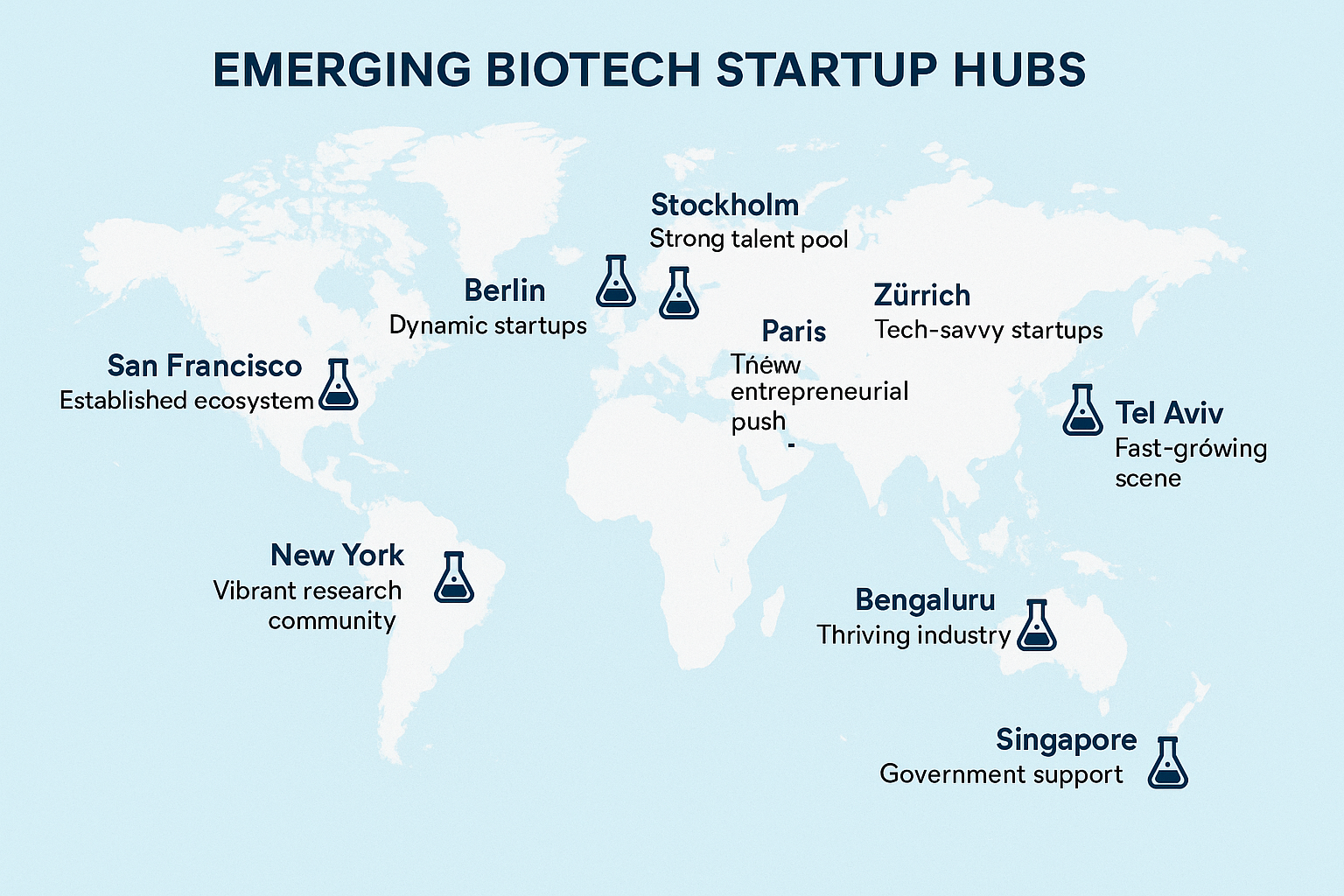 World map highlighting biotech peptide startup clusters in Boston, San Francisco, London, Basel, Shanghai, and Bengaluru