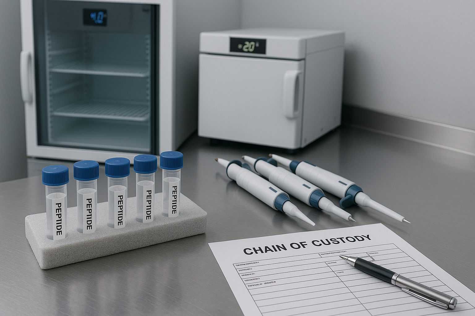 Audit‑ready laboratory bench with temperature monitors, calibrated pipettes, and chain‑of‑custody forms