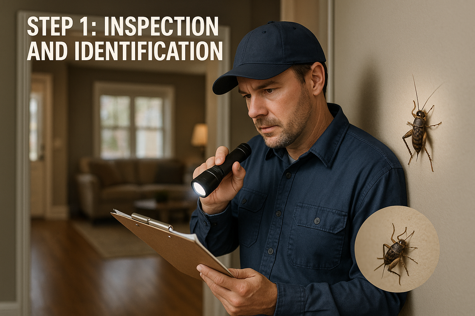 Illustration of a pest inspection process showing visual assessment, moisture evaluation, and perimeter mapping