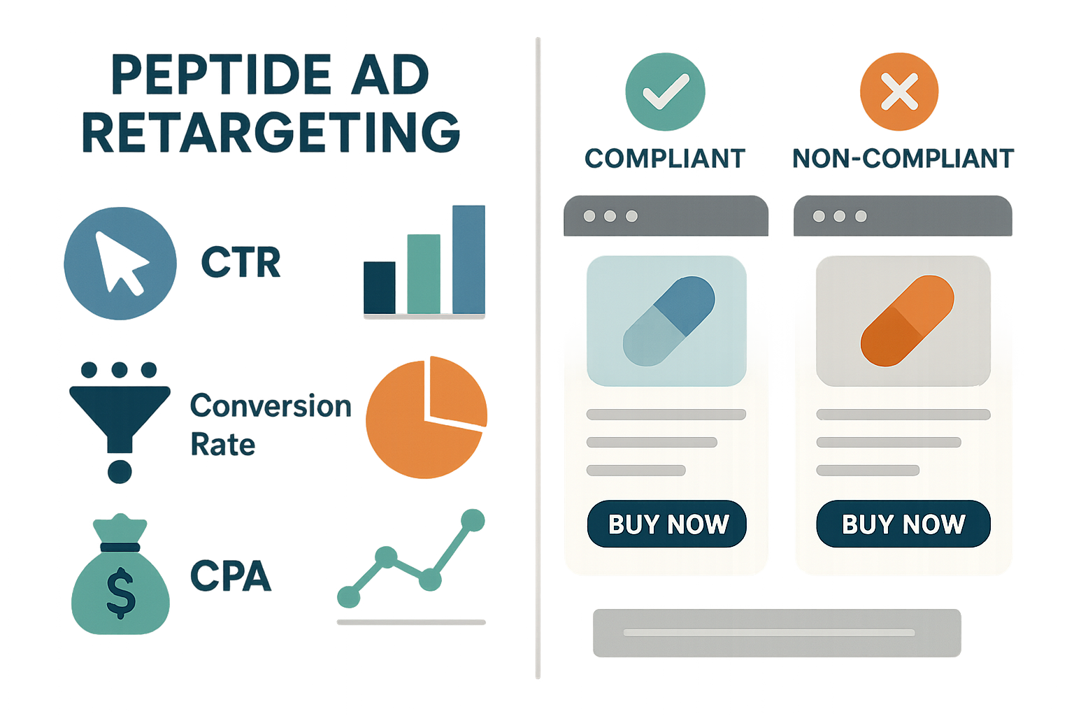 Infographic comparing compliant and non‑compliant peptide ad performance metrics