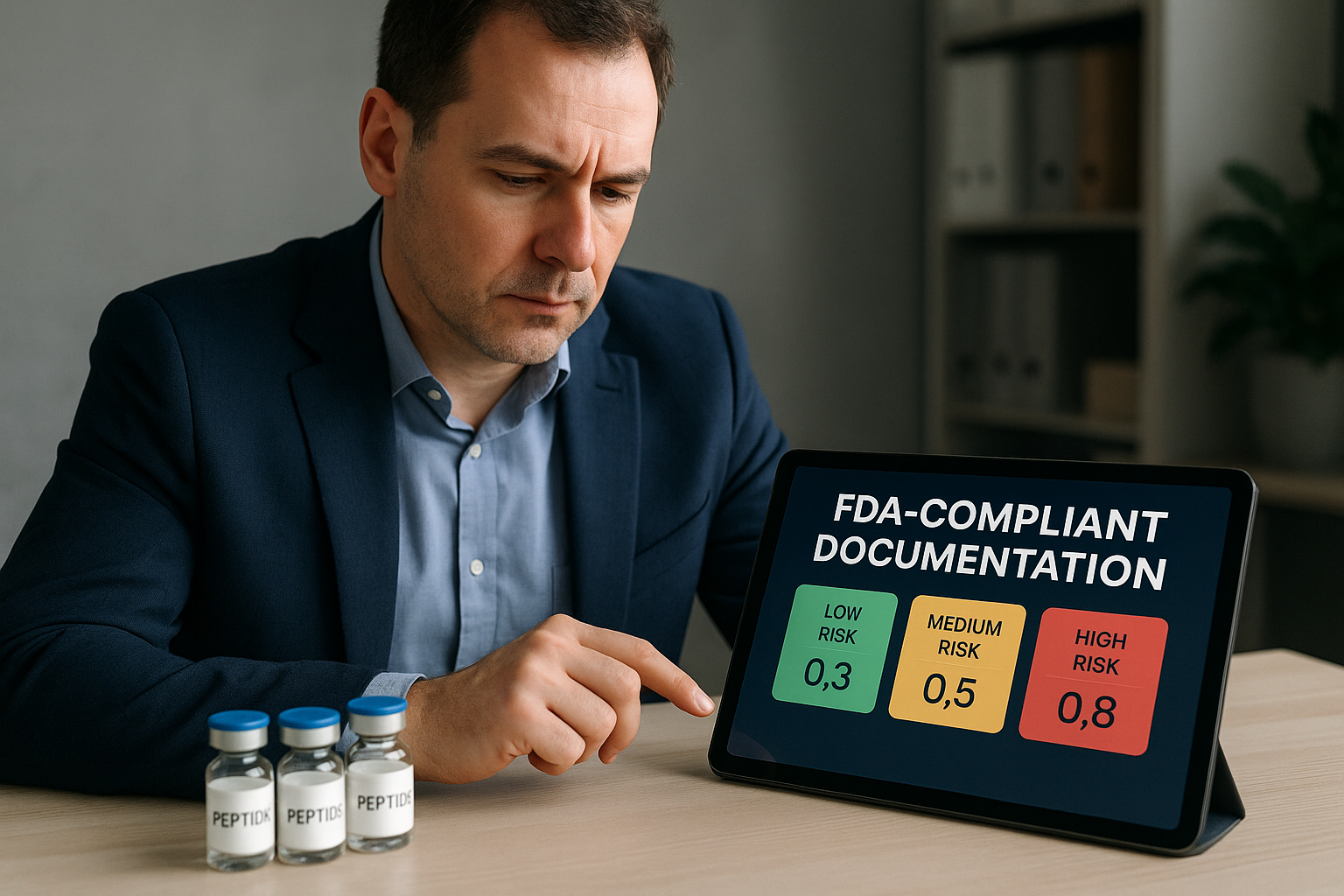 Compliance officer reviewing AI risk scores beside sealed peptide vials