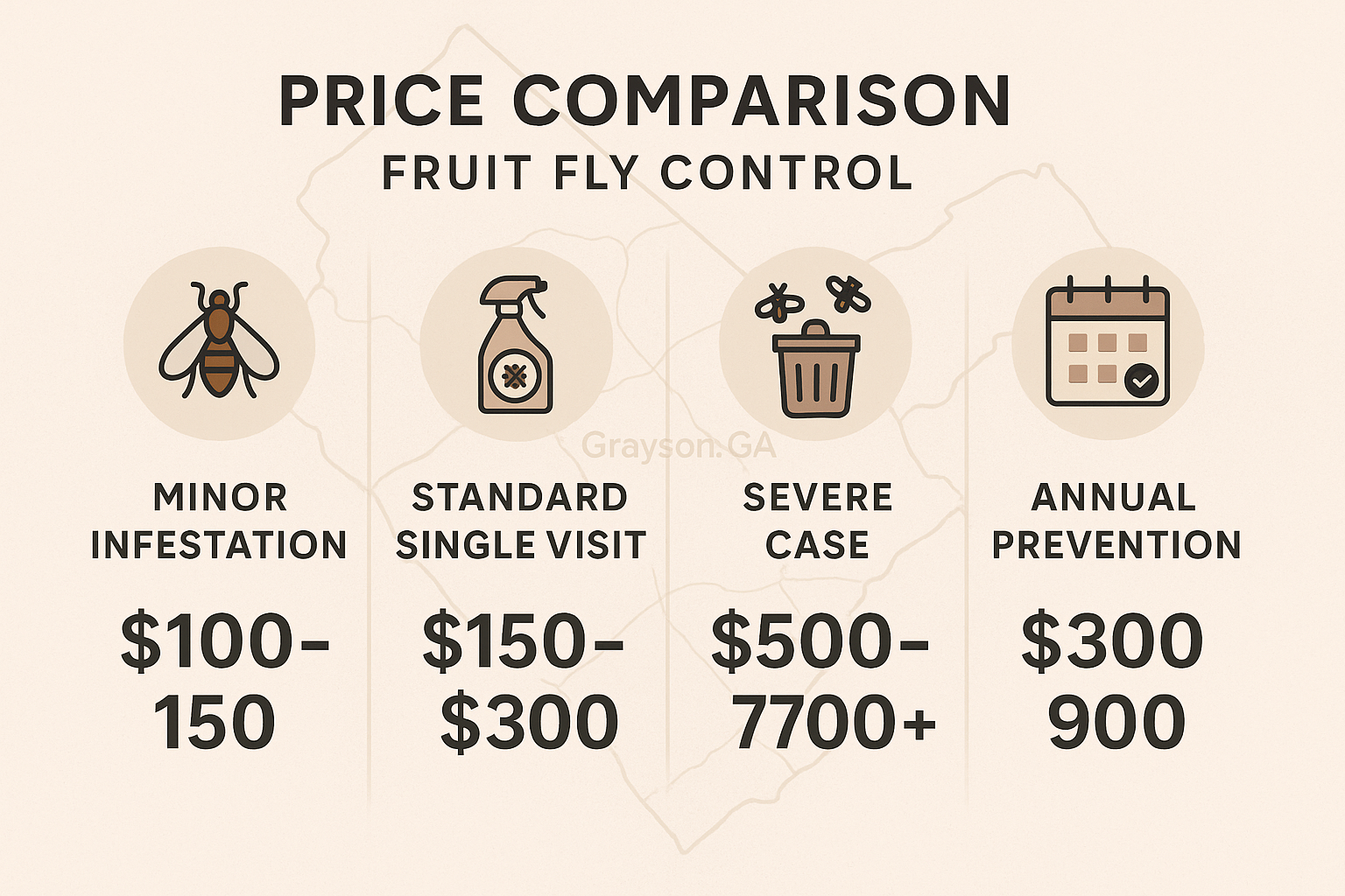 Bar chart comparing fruit fly control costs in Grayson, Buford, Lawrenceville, and national average