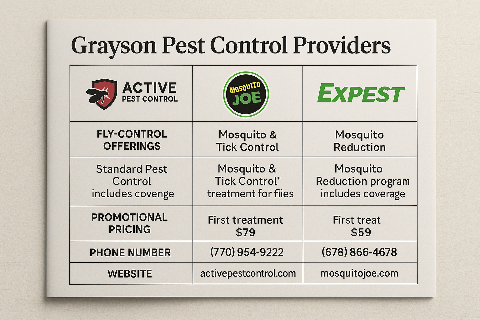 Comparison of fly control providers in Grayson, GA