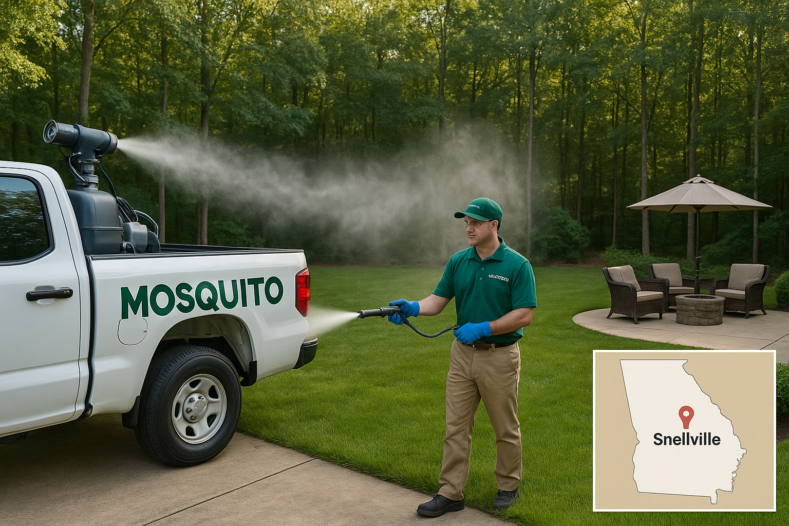 How much does mosquito control cost in Snellville, Georgia? 4 Misting truck applying mosquito control treatment to a residential yard