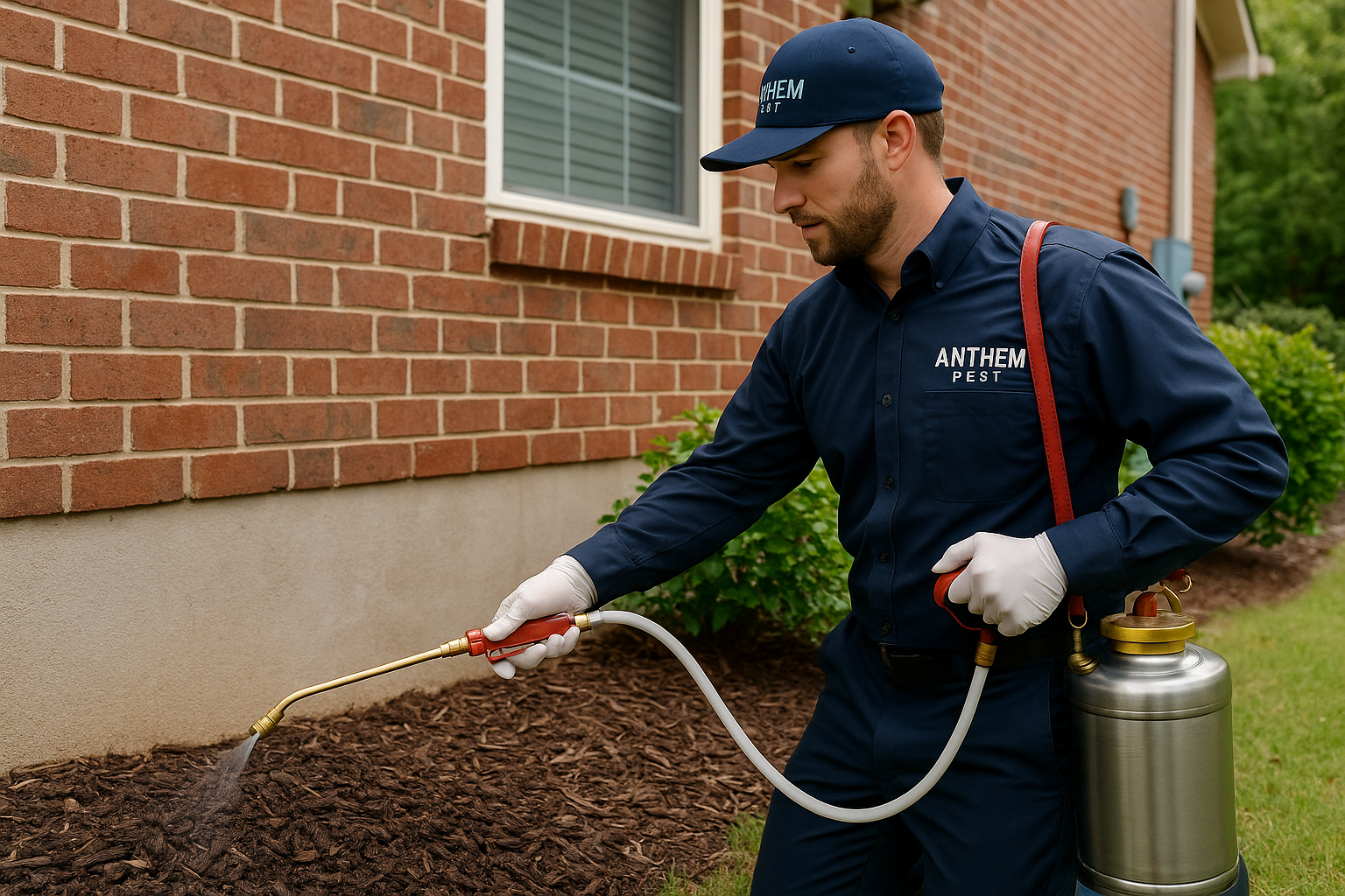 Top-Rated Millipede Control in Brookhaven, Georgia: Cost, Treatment & Tips 3 Anthem Pest technician applying exterior barrier spray around a home foundation