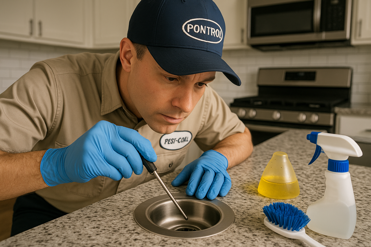 Illustration of a pest control technician inspecting a kitchen drain for fruit flies