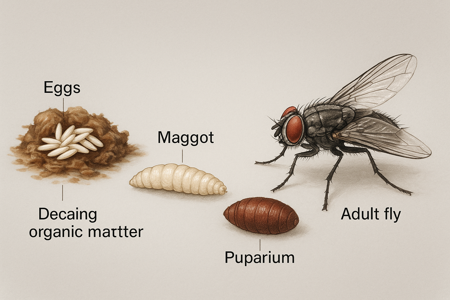Diagram of house fly life cycle from egg to adult