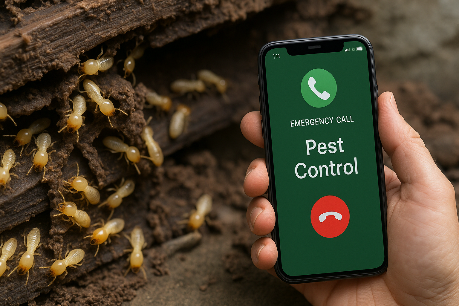 Emergency Termite Control in Brookhaven, Georgia: What to Do Right Now 3 Illustration of termites inside wood with a homeowner making an emergency call