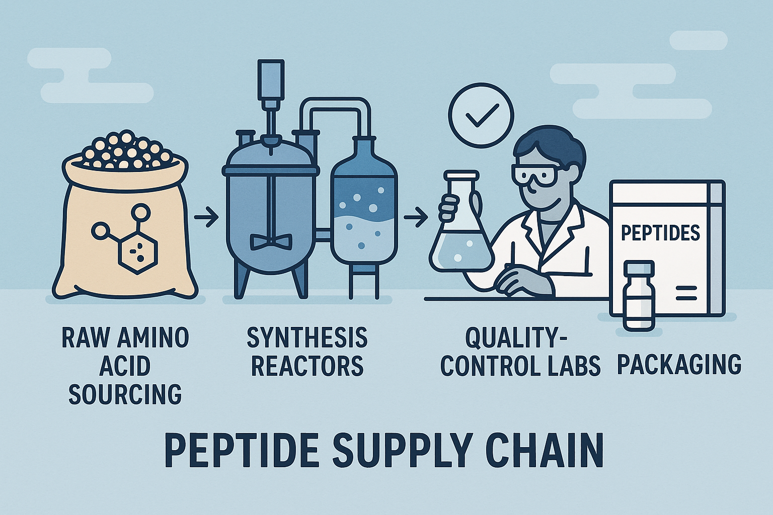 Diagram showing stages from raw amino acid sourcing to final peptide packaging