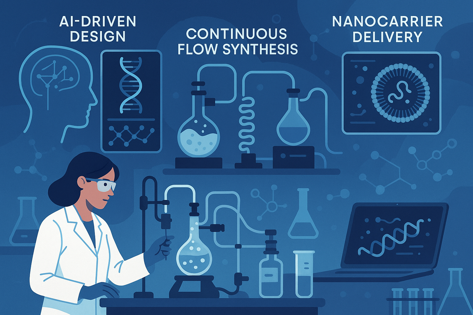 Collage of emerging peptide technologies illustrating AI design, continuous‑flow synthesis, and nanocarrier delivery systems