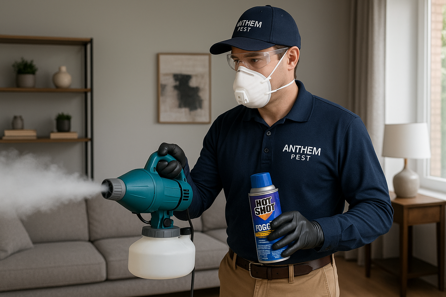 Illustration of indoor fogging equipment dispersing fine droplets