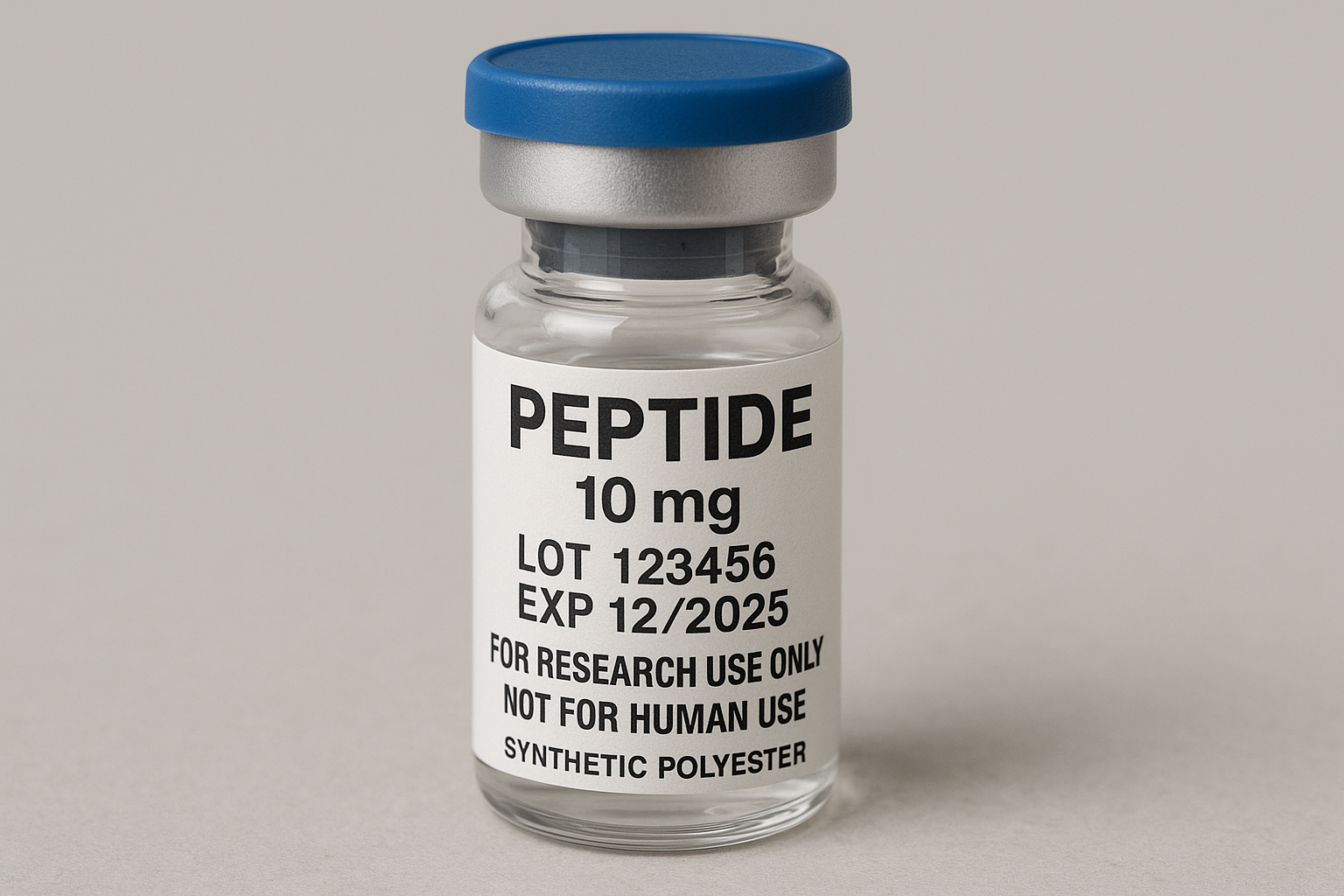 Synthetic polyester label applied to a peptide vial
