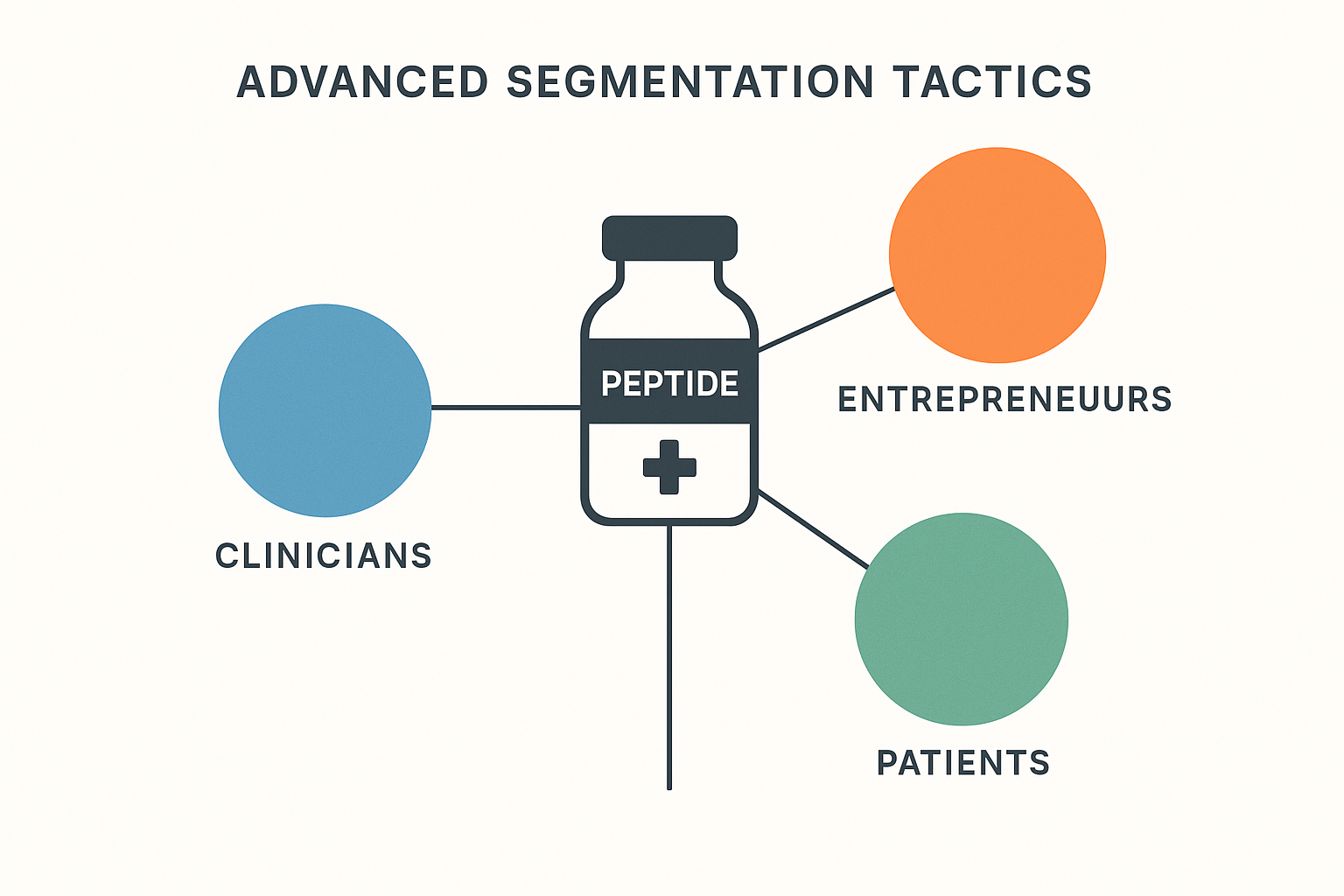 Colored circles representing clinician, clinic owner, entrepreneur, and research subject segments linked to a peptide bottle