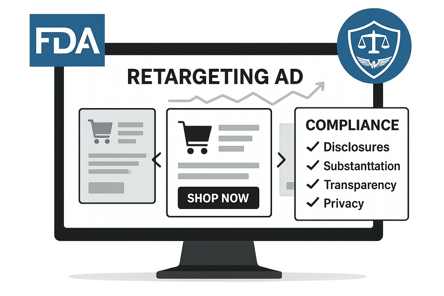 Carousel ad displaying FDA and FTC logos alongside a compliance checklist