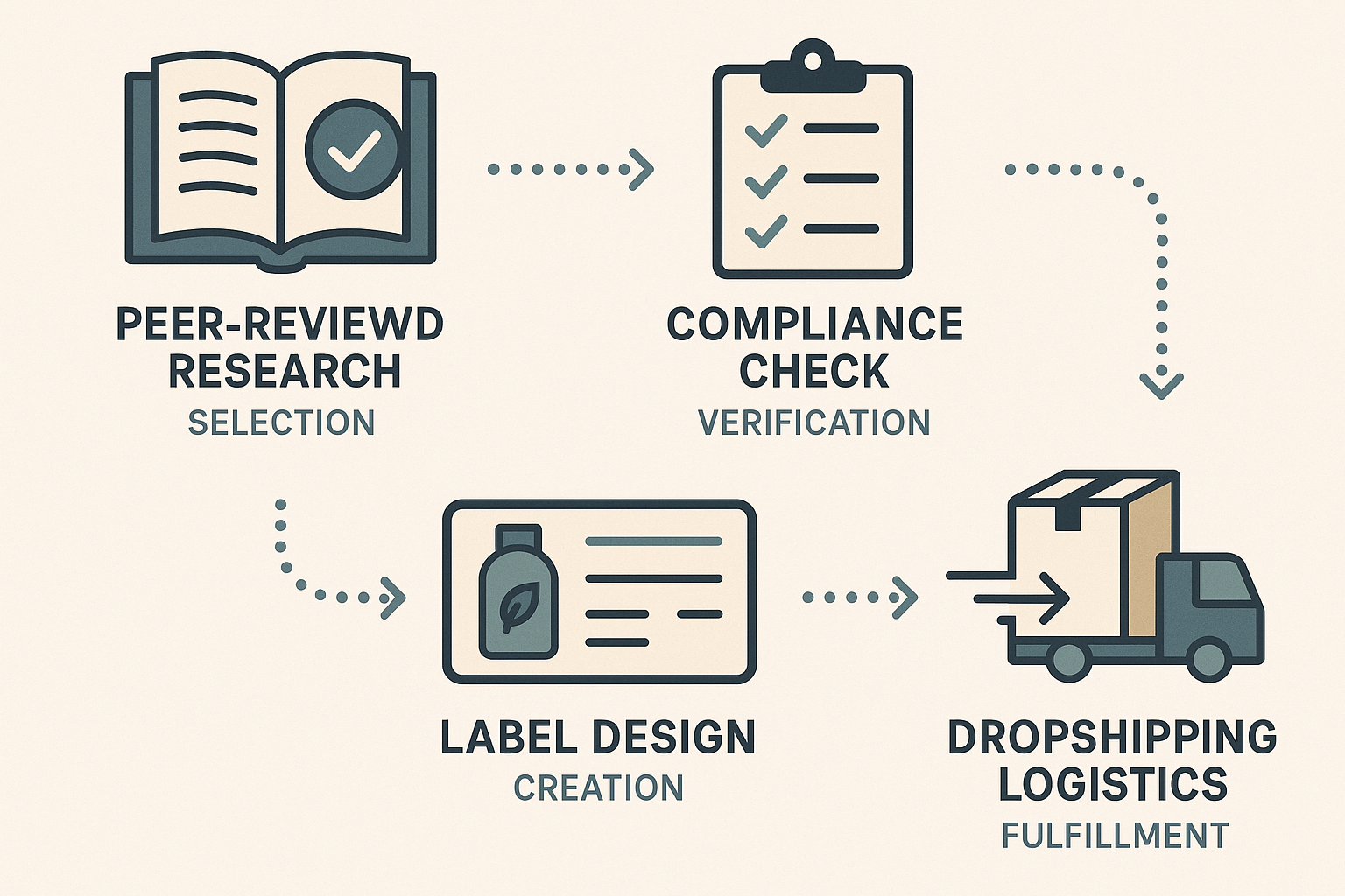 Infographic of research to dropshipping workflow for peptide brand compliance