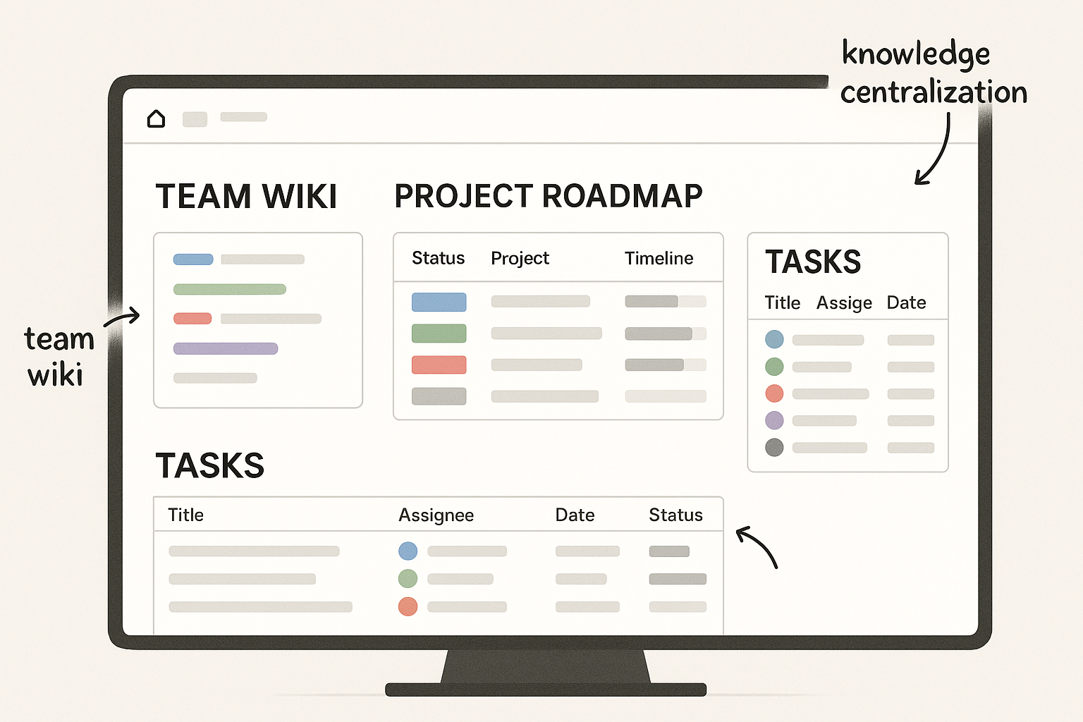 Notion workspace illustrating pages, databases, and relational links
