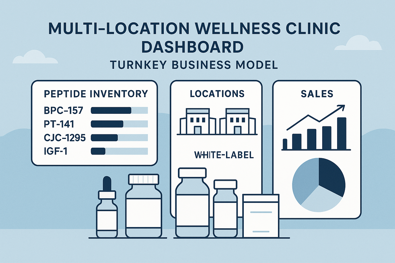 Multi‑location wellness clinic dashboard illustrating inventory, sales, and packaging metrics