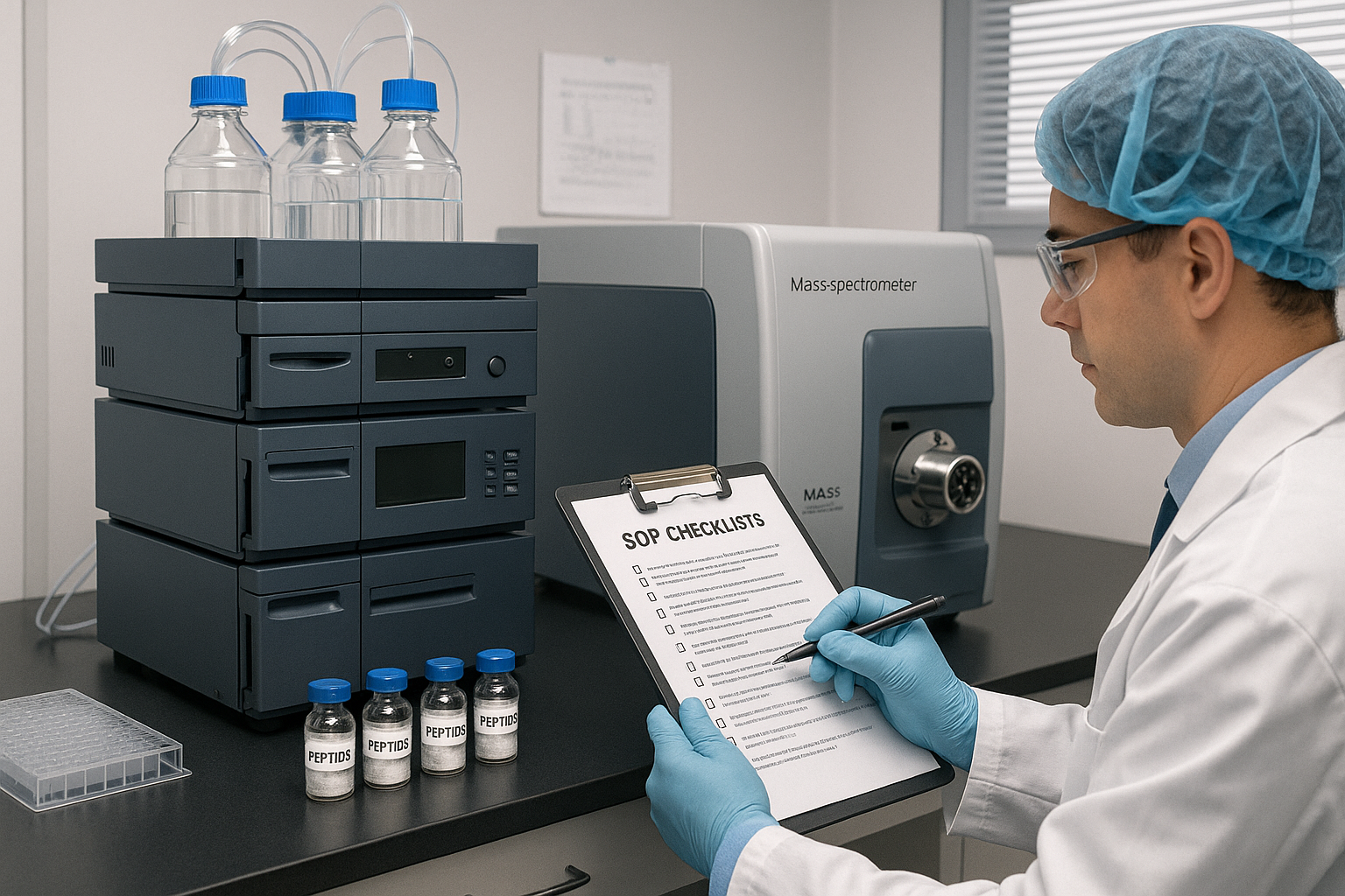 Laboratory workstation displaying HPLC, mass spectrometer, and endotoxin assay equipment