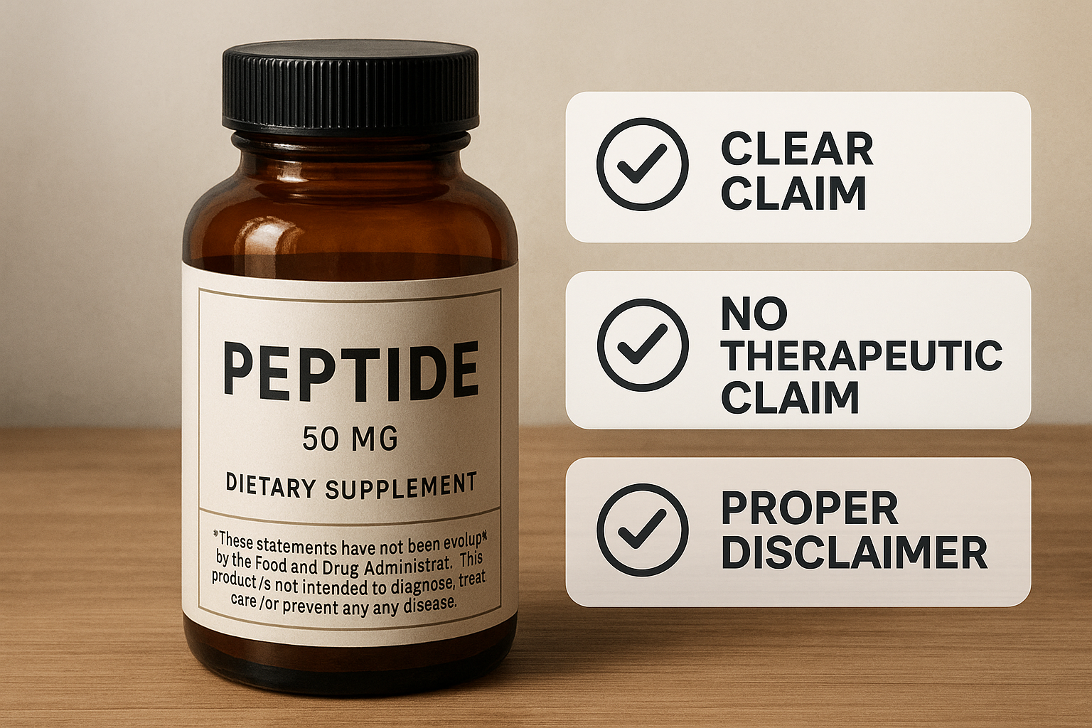 Peptide label checklist illustrating claim, disclaimer, and prohibited statements