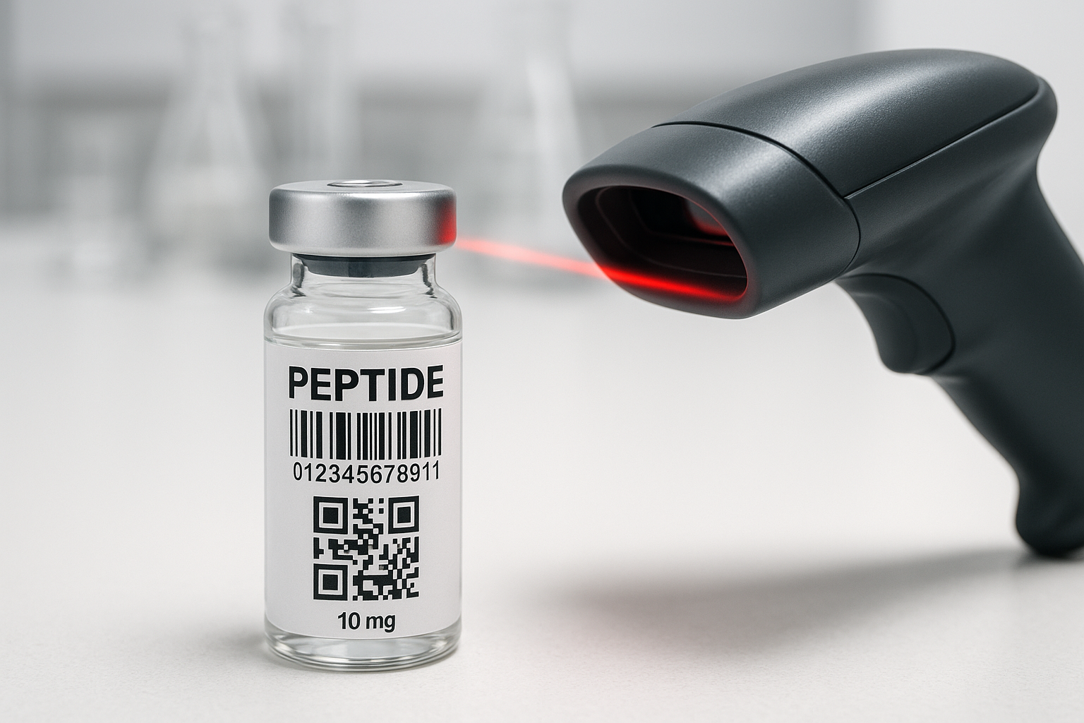 Example of peptide vial label with barcode and QR code