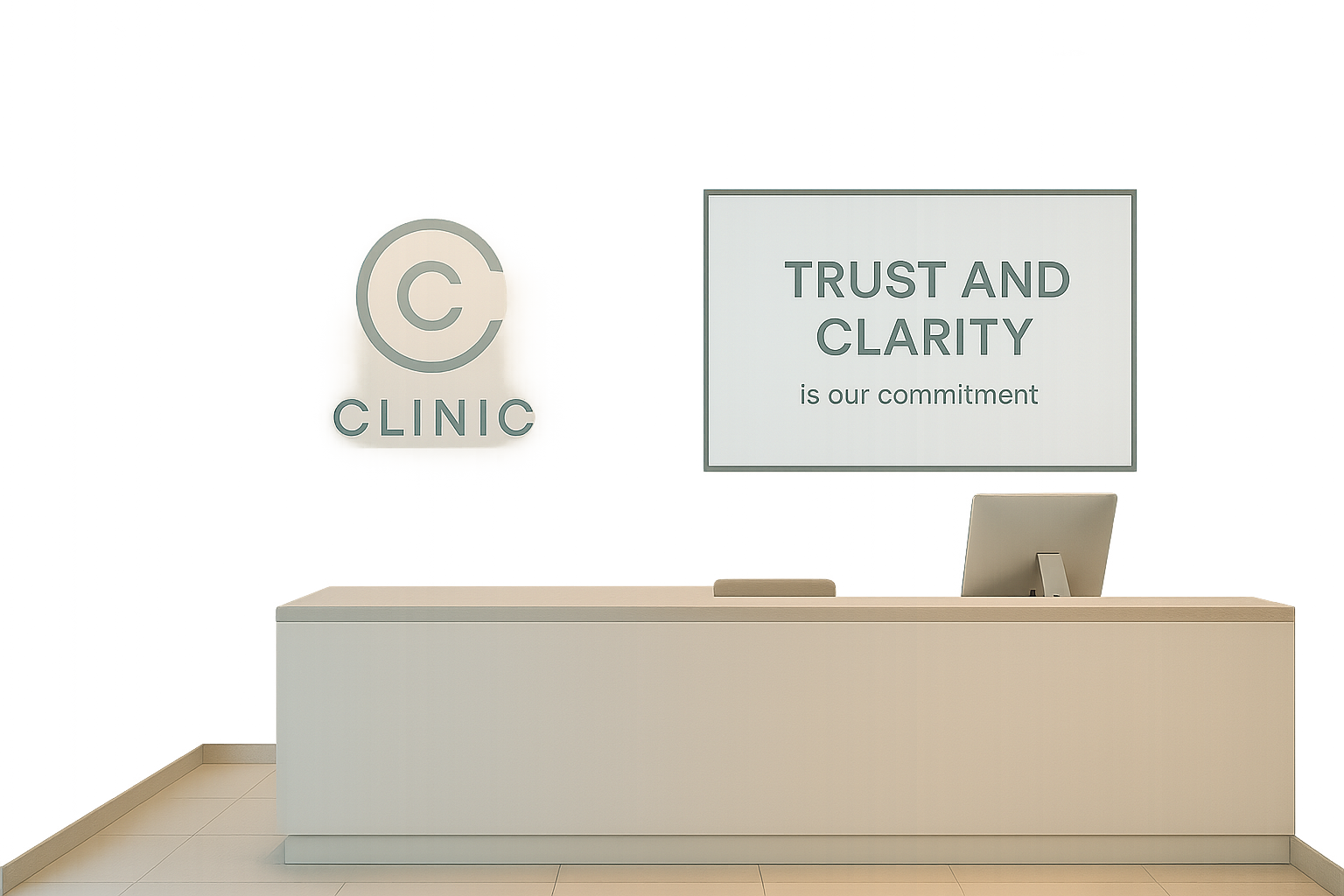 Minimalist clinic reception with pastel lighting and branded logo wall