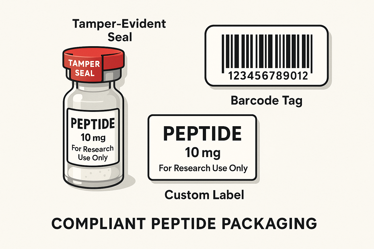 Compliant RUO peptide packaging with sterile vials, amber glass, secondary container, and temperature monitoring devices