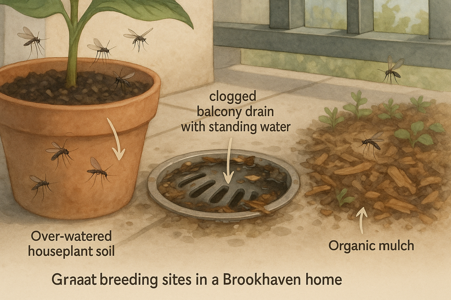 Step-by-step illustration of common gnat breeding sites in a backyard garden