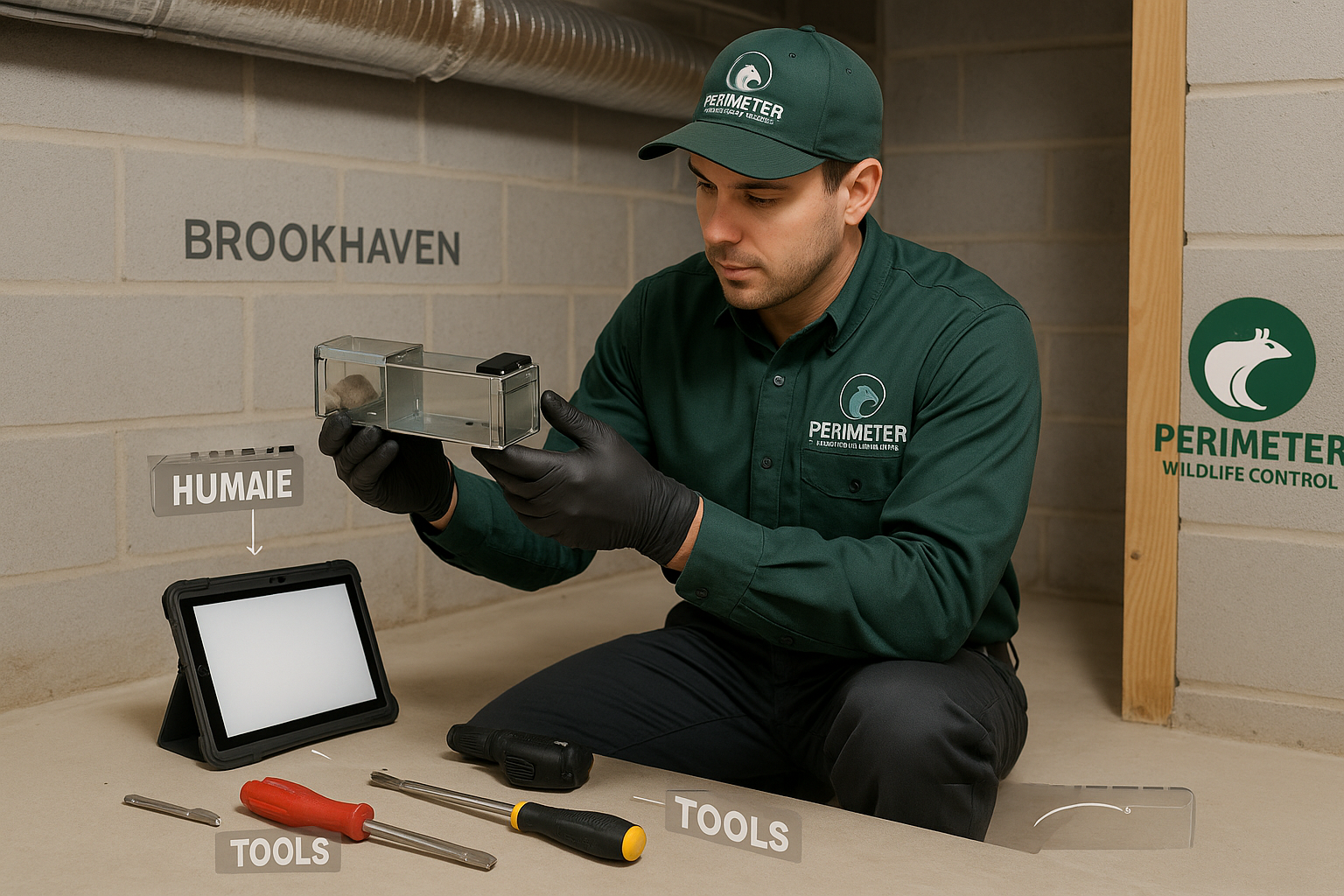 Emergency Mouse Control in Brookhaven, Georgia: What to Do Right Now 4 Technician demonstrating a humane live‑catch trap in a basement