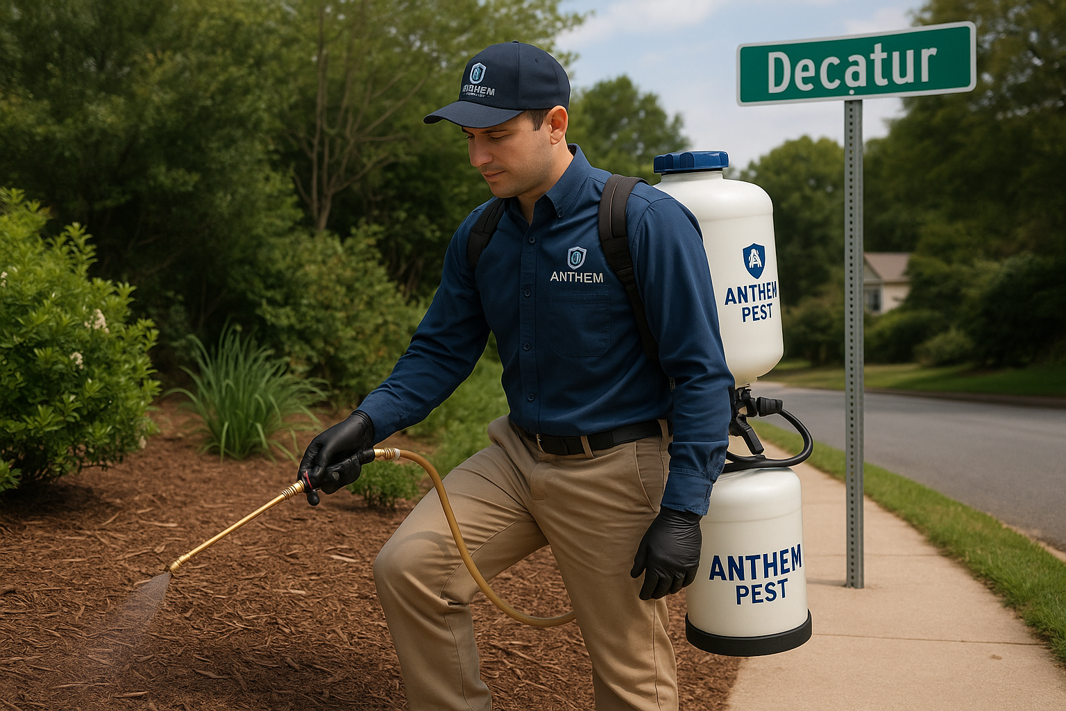 Technician applying a targeted spray in a backyard
