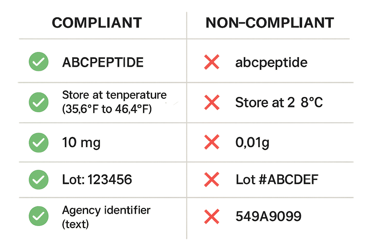 Illustration of a compliant peptide label layout with checklist annotations