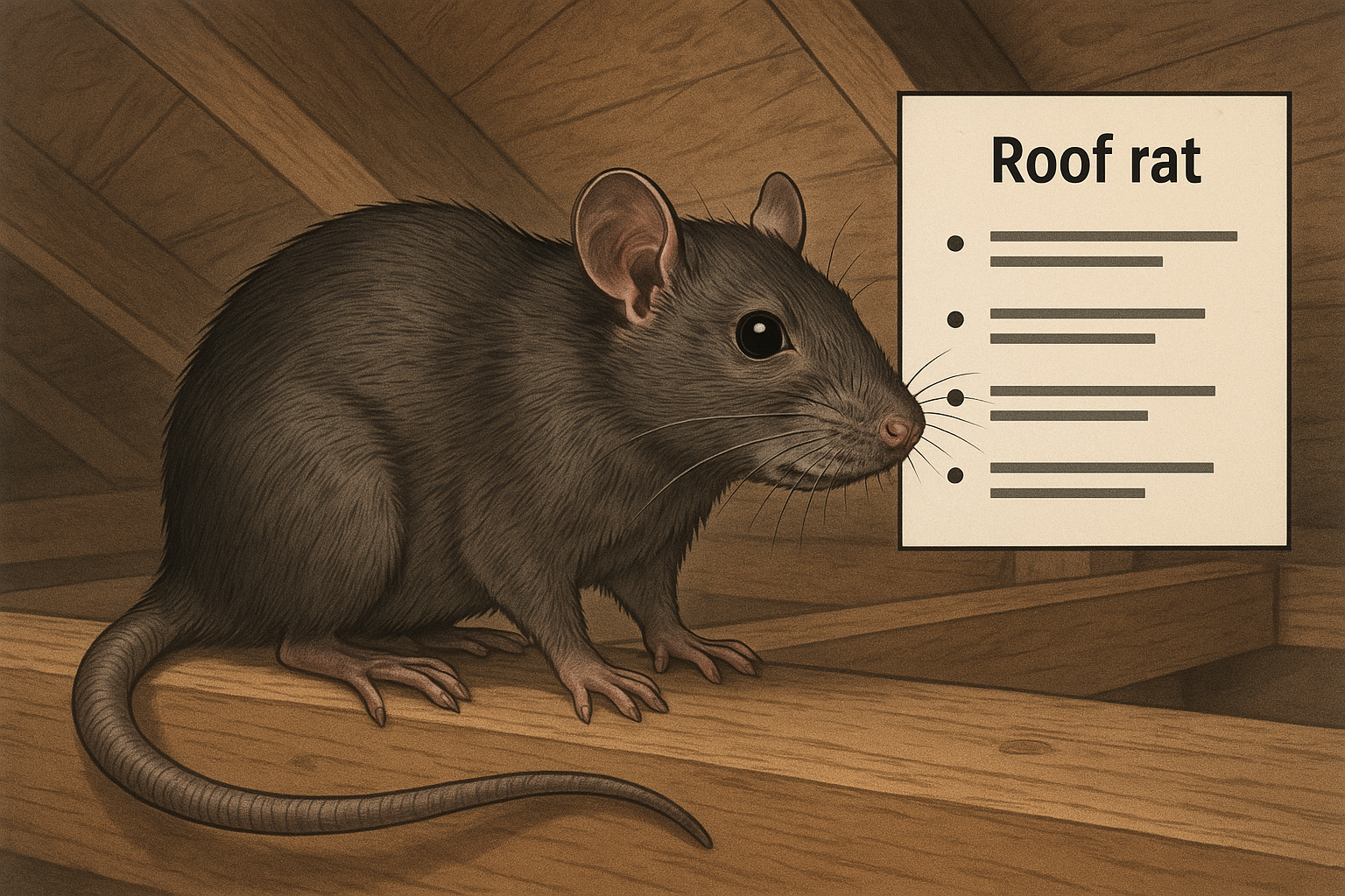 Detailed illustration of a roof rat showing size, tail length, ear shape, and coloration