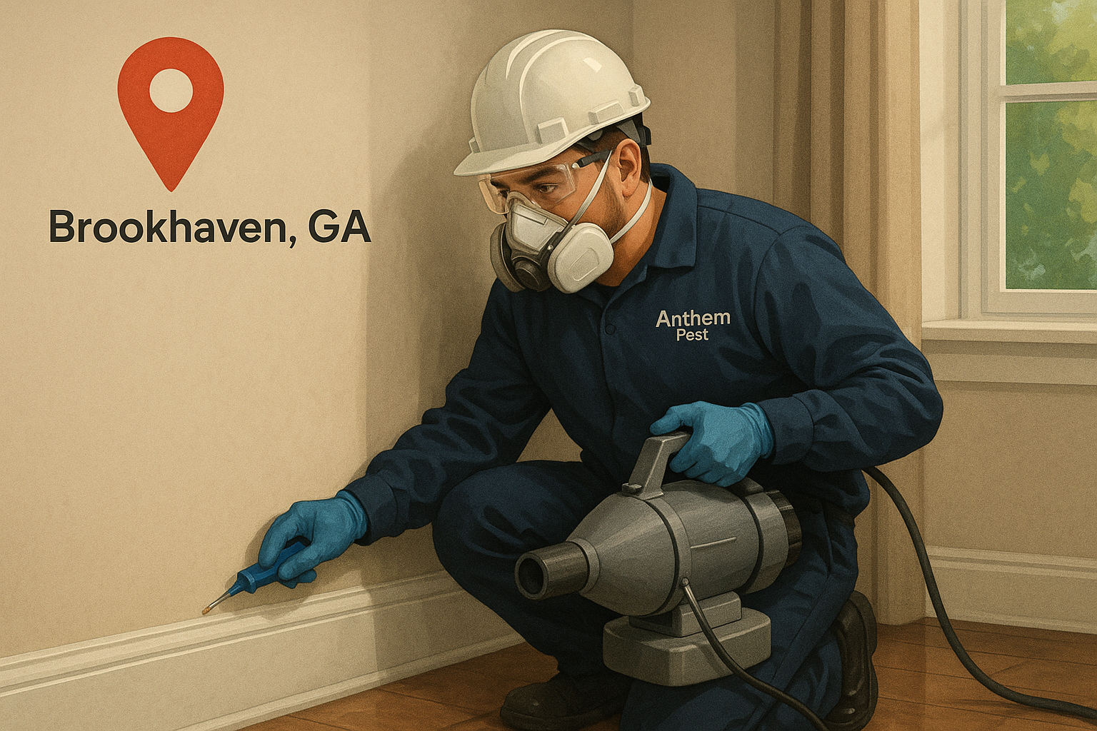 Anthem Pest technician applying targeted cockroach treatment in a Brookhaven home