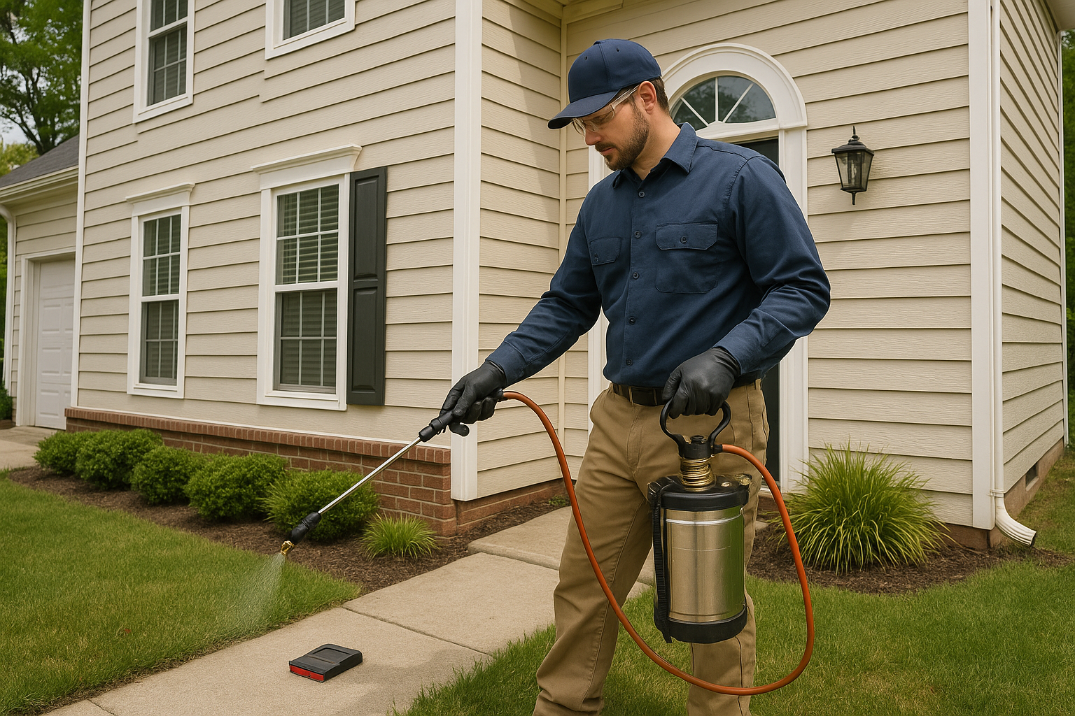 Professional pest control technician applying ant treatment in a residential setting