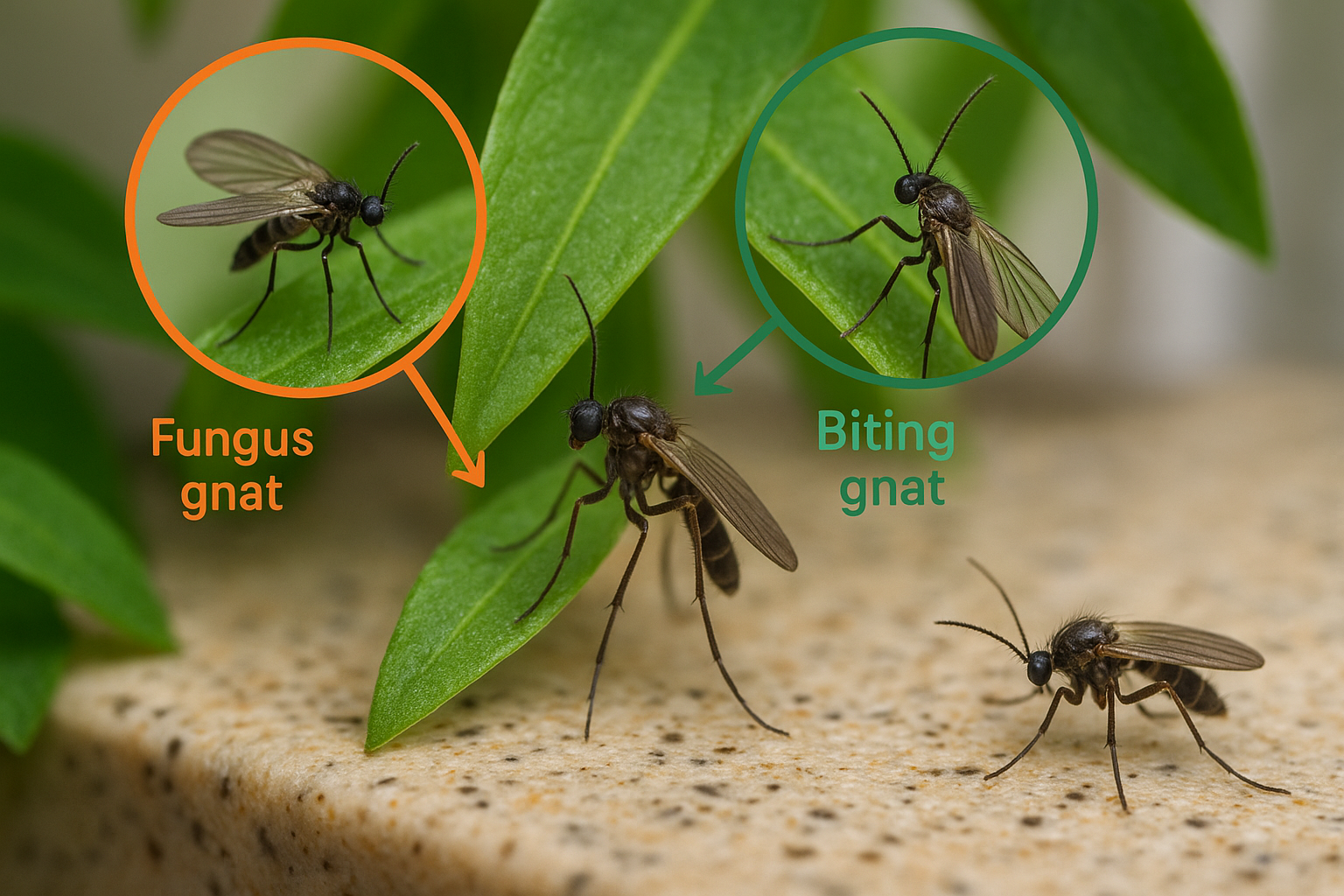 Side‑by‑side comparison of fungus gnats and biting gnats