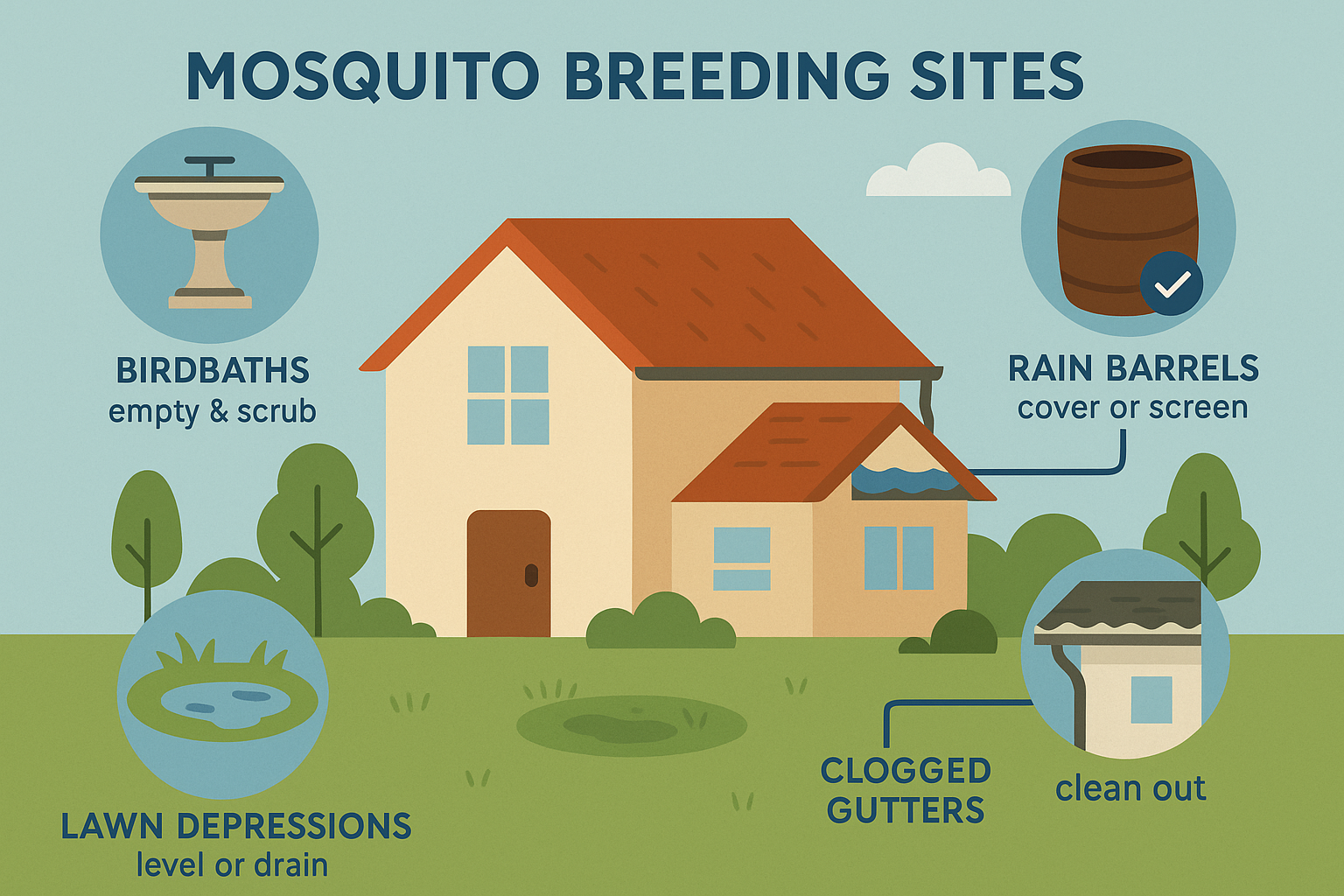 Flat‑design infographic showing common mosquito breeding sites around a home