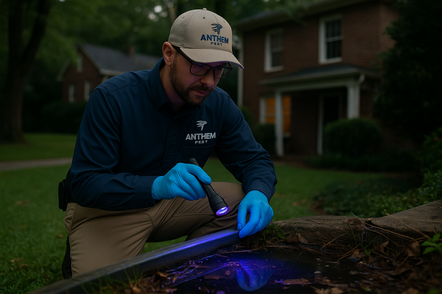 Technician inspecting a backyard for mosquito breeding sites
