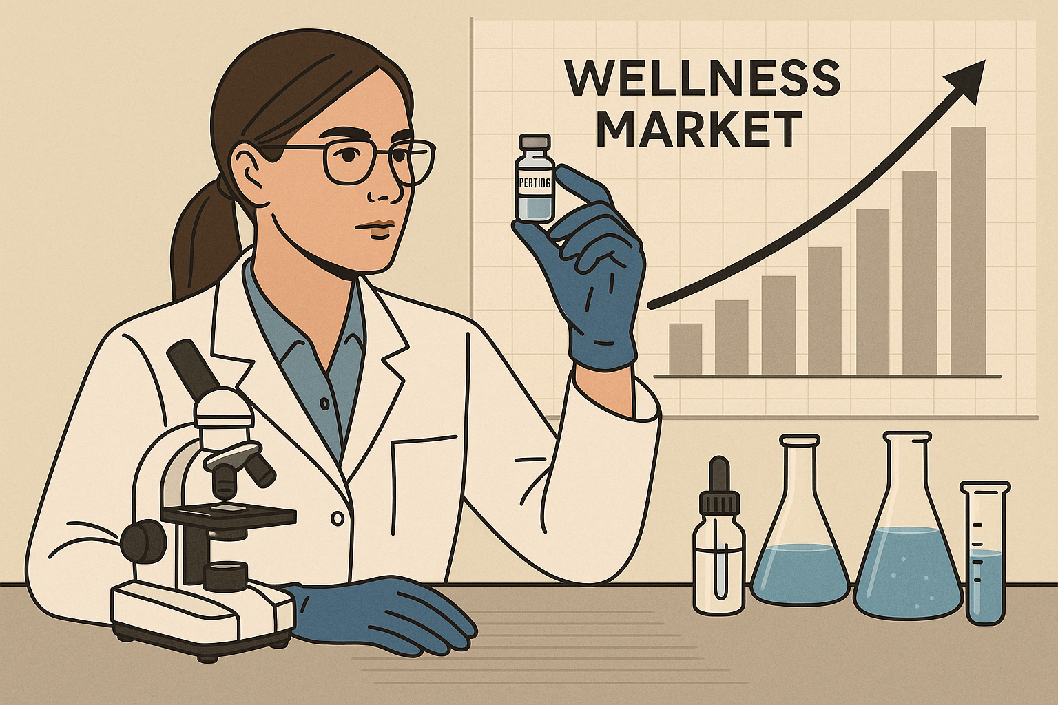 Scientist holding a peptide vial beside a rising wellness market chart