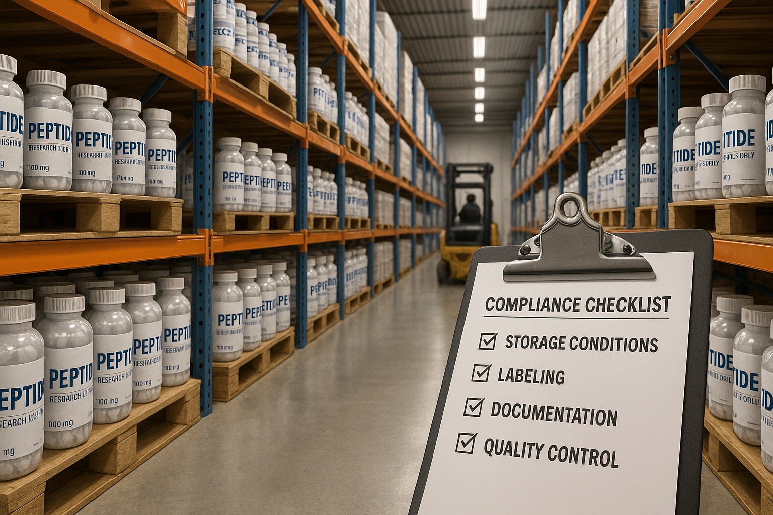 Climate‑controlled warehouse with temperature monitoring stations and organized peptide inventory