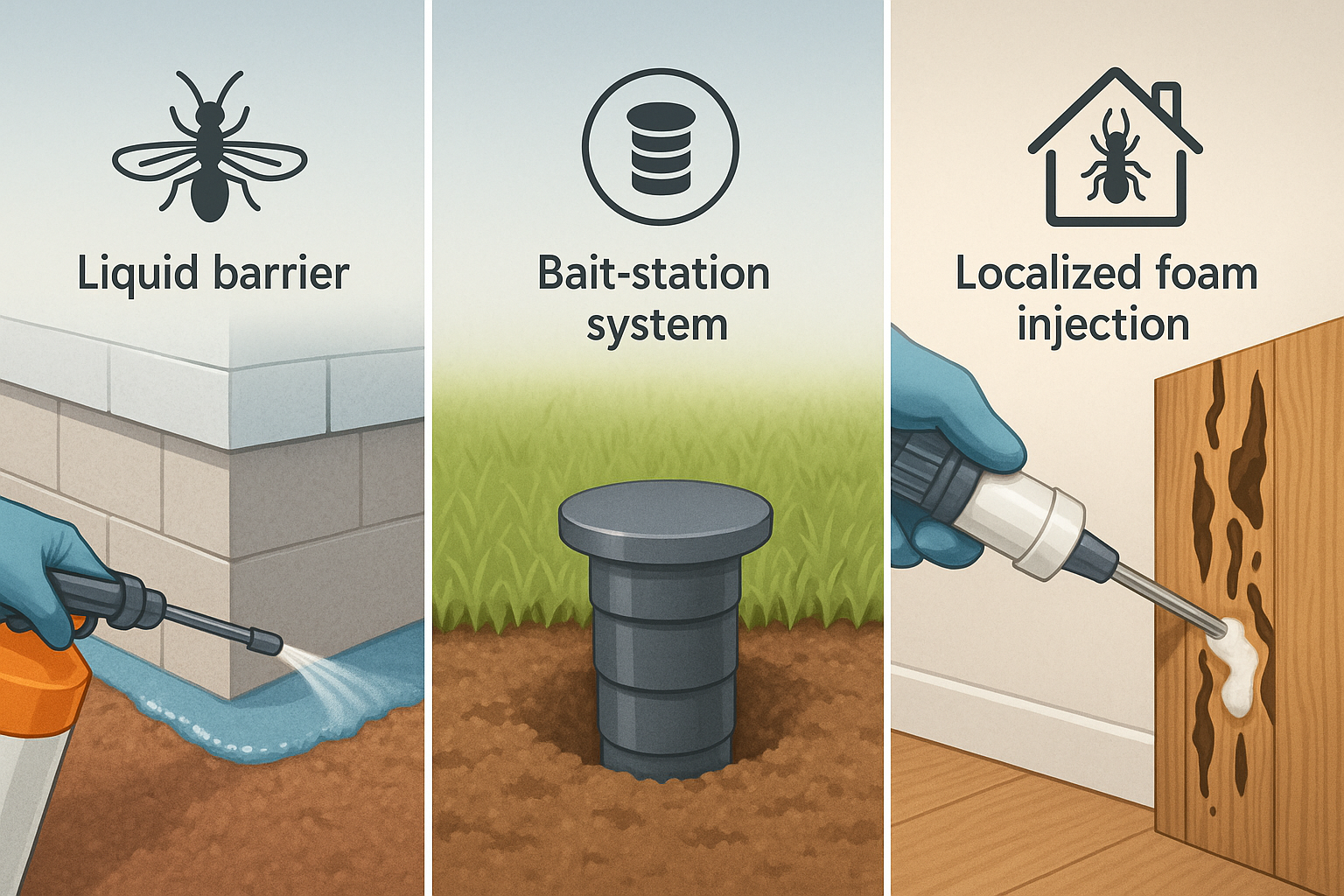 Illustration of liquid barrier, bait stations, and foam injection methods