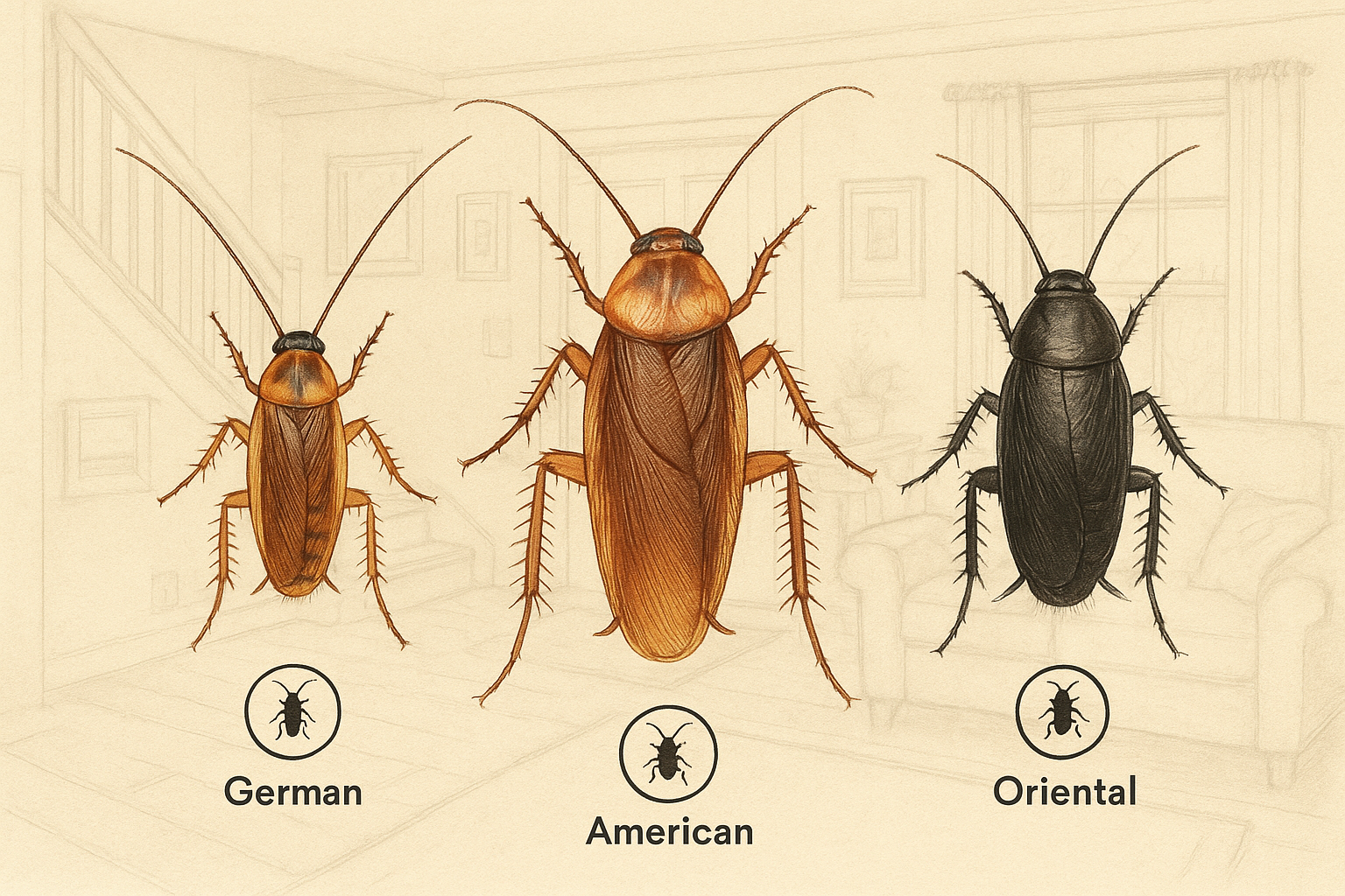 Illustrations of German, American, and Oriental cockroaches for identification